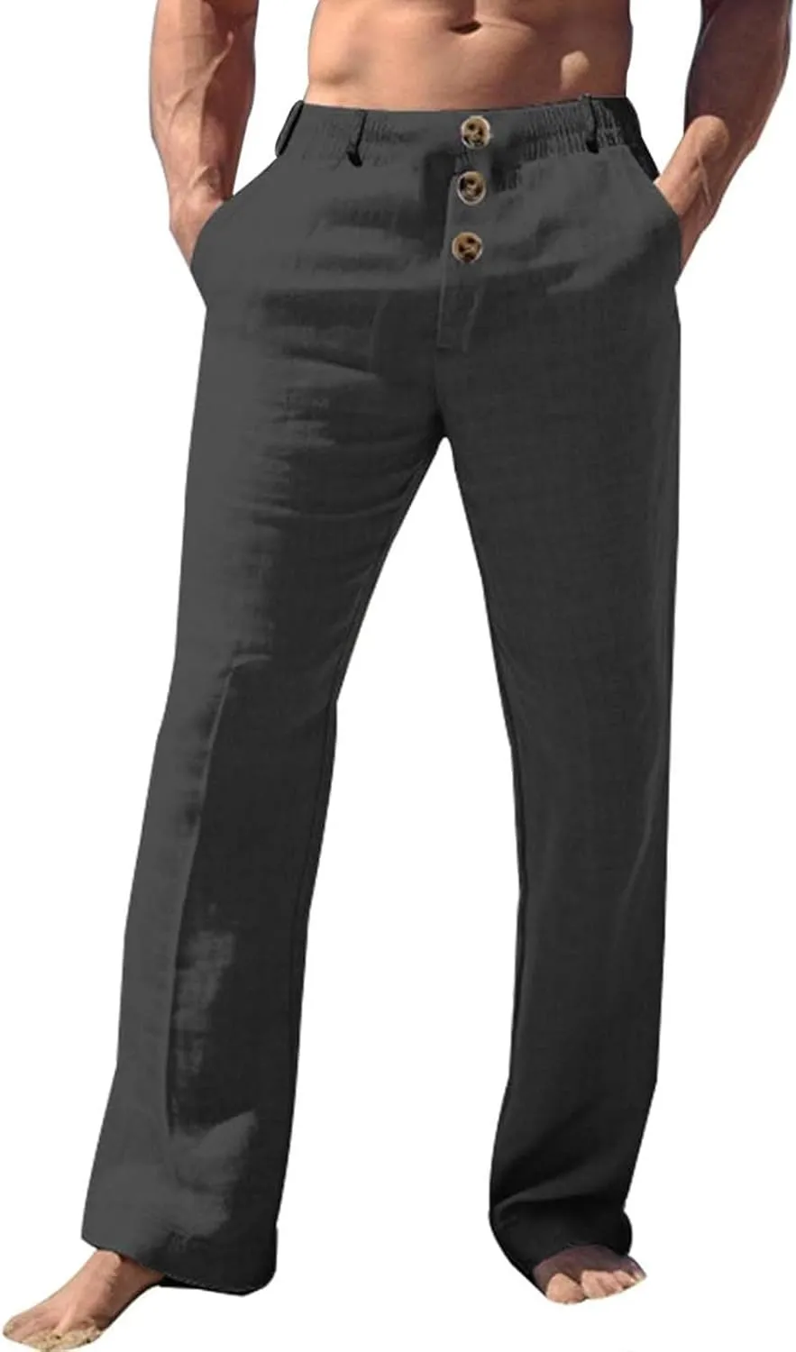 Mens Linen Pants Elastic Waist Casual Loose Trendy Lightweight Breathable Solid Trousers Beach Party Yoga Chino Pants