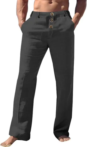 Mens Linen Pants Elastic Waist Casual Loose Trendy Lightweight Breathable Solid Trousers Beach Party Yoga Chino Pants