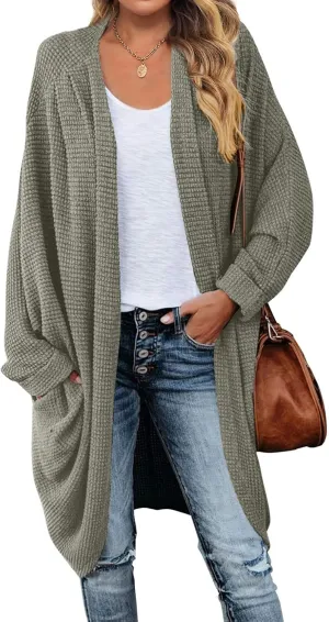 MEROKEETY Women's 2025 Fall Waffle Knit Batwing Long Sleeve Cardigan Loose Open Front Sweater Coat