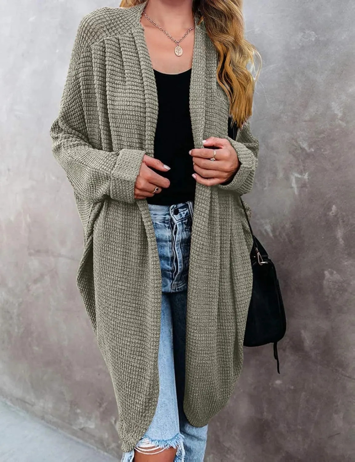 MEROKEETY Women's 2025 Fall Waffle Knit Batwing Long Sleeve Cardigan Loose Open Front Sweater Coat