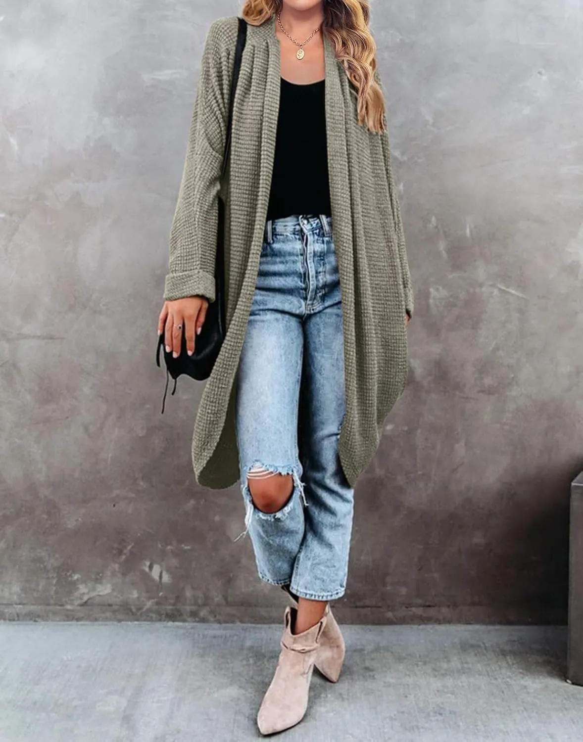 MEROKEETY Women's 2025 Fall Waffle Knit Batwing Long Sleeve Cardigan Loose Open Front Sweater Coat