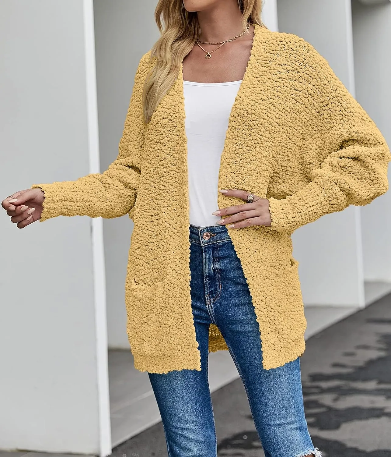 MEROKEETY Women's 2025 Winter Fuzzy Popcorn Batwing Sleeve Cardigan Knit Oversized Sherpa Sweater Coat