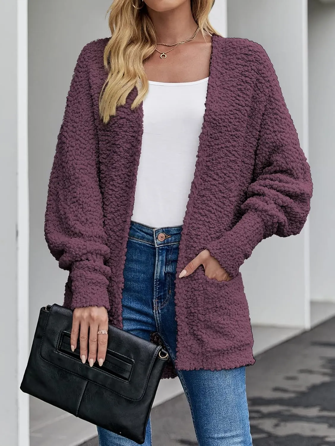 MEROKEETY Women's 2025 Winter Fuzzy Popcorn Batwing Sleeve Cardigan Knit Oversized Sherpa Sweater Coat