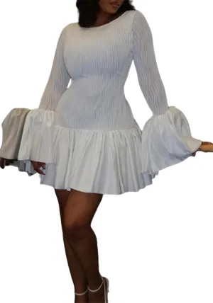 Molisry Women's Sexy Lace Dress Long Sleeve Flared Crew Neck Bodycon A-Line Flowy Ruffle Mini Cocktail Dress Clubwear
