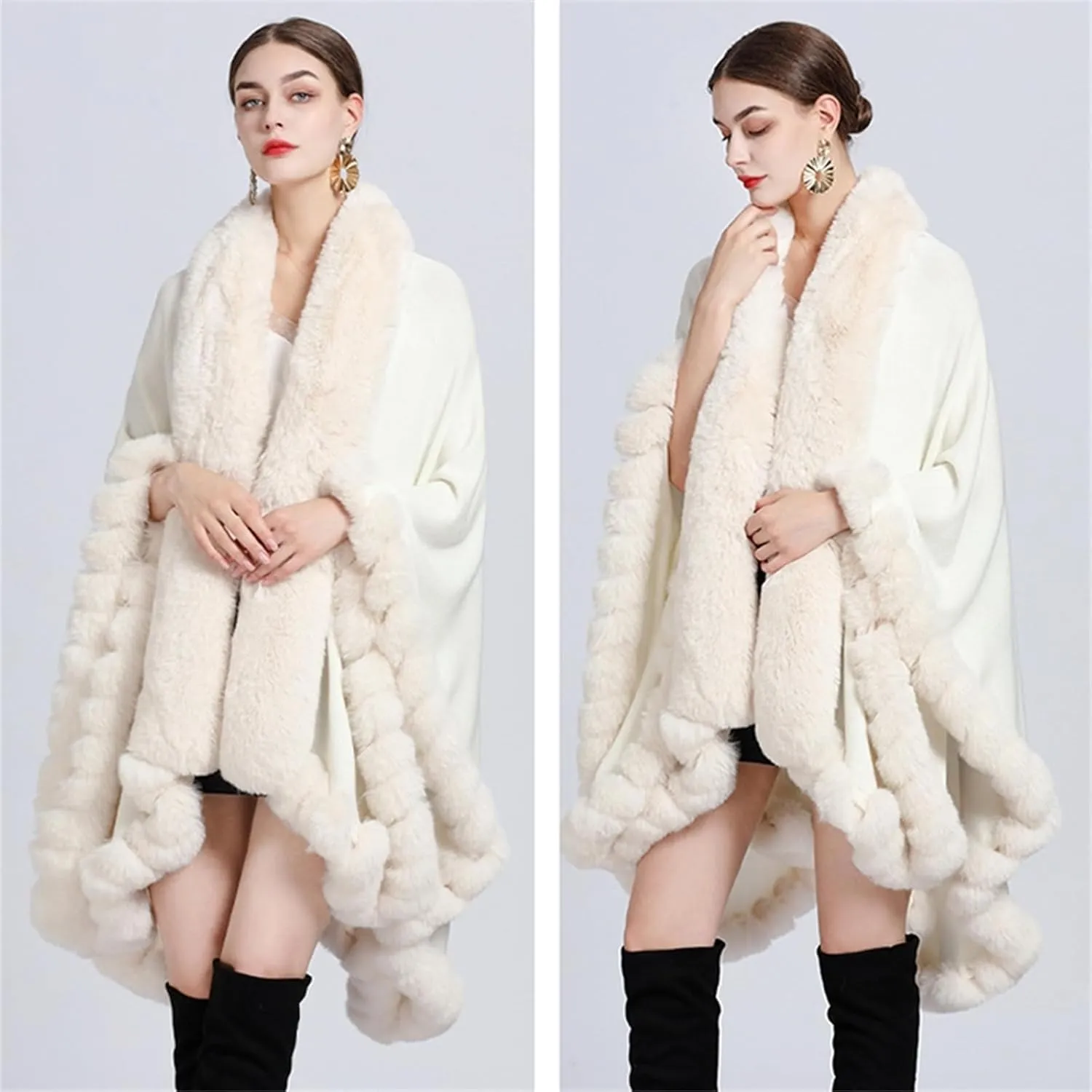 Obosoyo Wrap Cape Women Faux Fur Collar Shawl Knit Poncho Cloak Cardigan Coat Evening Dress