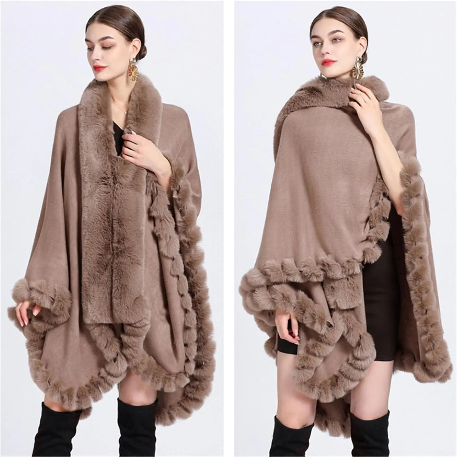 Obosoyo Wrap Cape Women Faux Fur Collar Shawl Knit Poncho Cloak Cardigan Coat Evening Dress