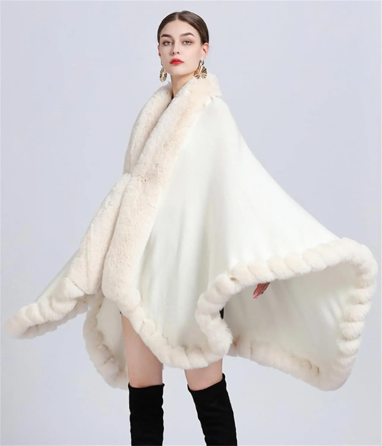 Obosoyo Wrap Cape Women Faux Fur Collar Shawl Knit Poncho Cloak Cardigan Coat Evening Dress