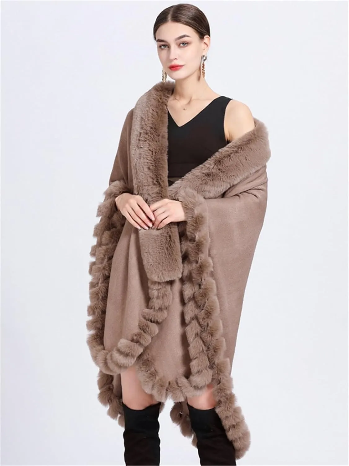 Obosoyo Wrap Cape Women Faux Fur Collar Shawl Knit Poncho Cloak Cardigan Coat Evening Dress