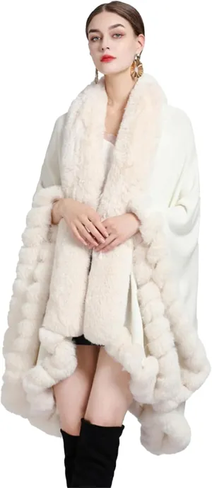 Obosoyo Wrap Cape Women Faux Fur Collar Shawl Knit Poncho Cloak Cardigan Coat Evening Dress