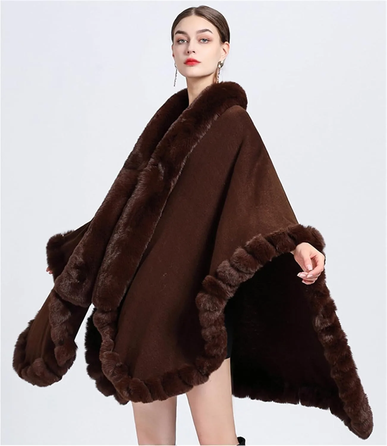 Obosoyo Wrap Cape Women Faux Fur Collar Shawl Knit Poncho Cloak Cardigan Coat Evening Dress