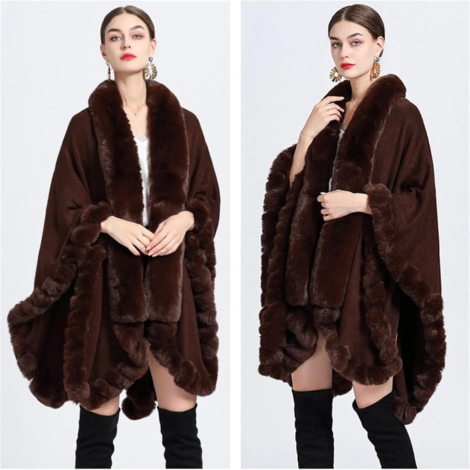 Obosoyo Wrap Cape Women Faux Fur Collar Shawl Knit Poncho Cloak Cardigan Coat Evening Dress