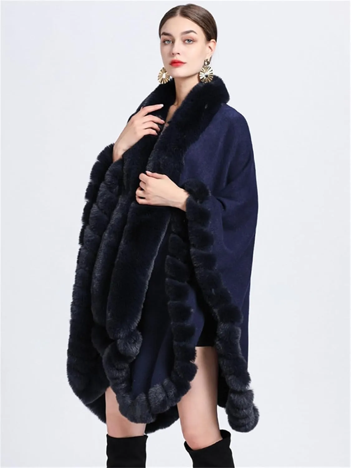 Obosoyo Wrap Cape Women Faux Fur Collar Shawl Knit Poncho Cloak Cardigan Coat Evening Dress