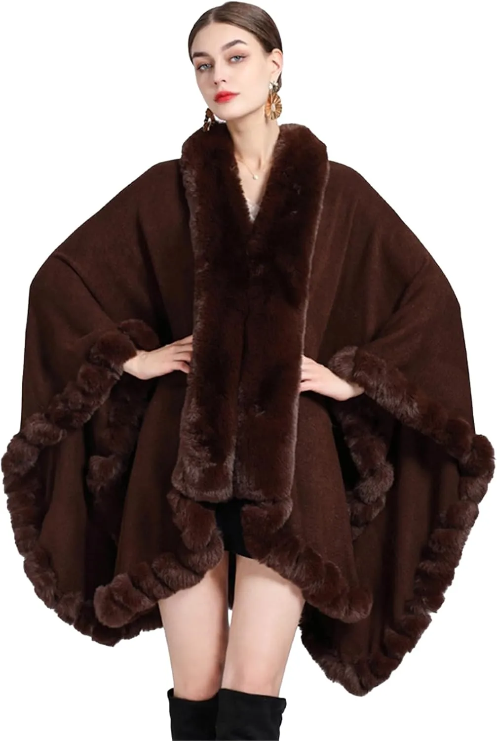 Obosoyo Wrap Cape Women Faux Fur Collar Shawl Knit Poncho Cloak Cardigan Coat Evening Dress