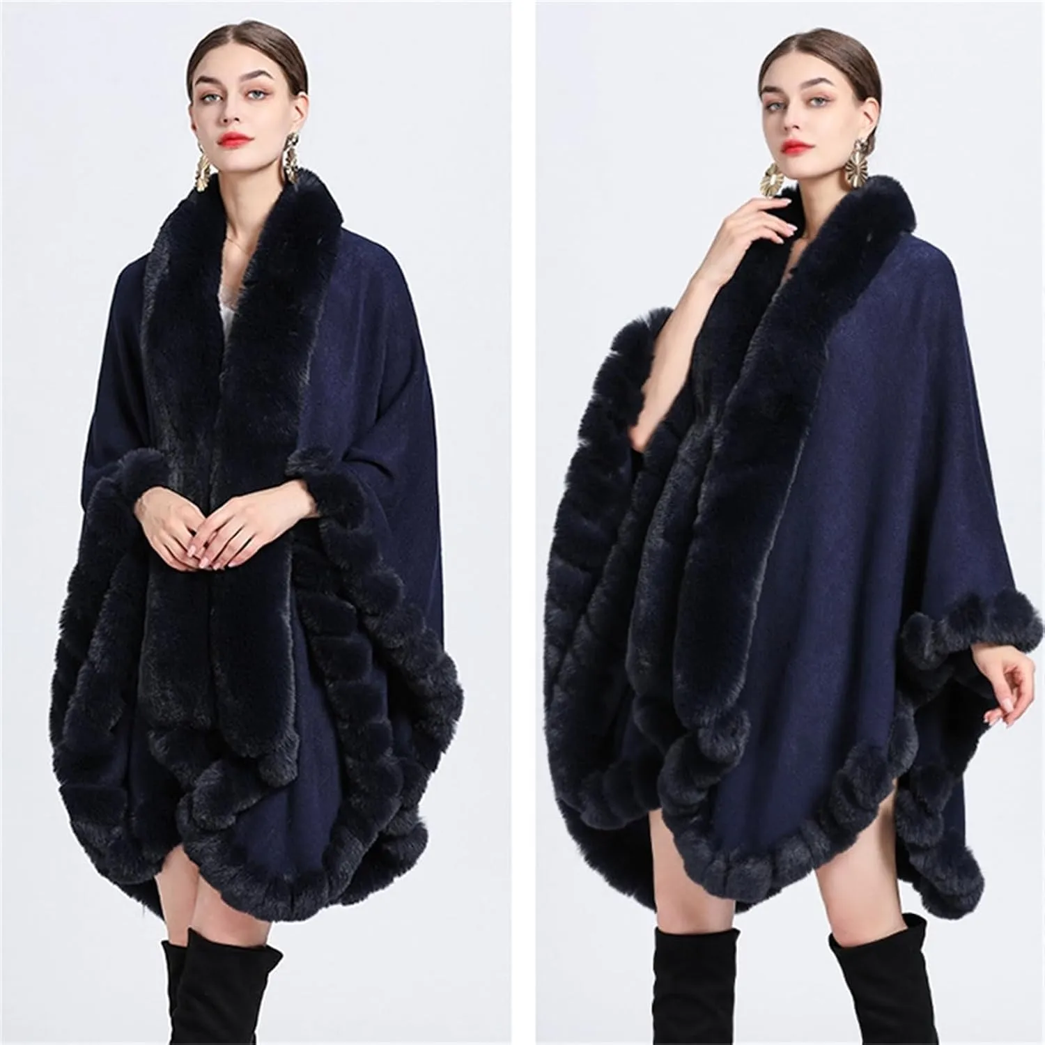 Obosoyo Wrap Cape Women Faux Fur Collar Shawl Knit Poncho Cloak Cardigan Coat Evening Dress