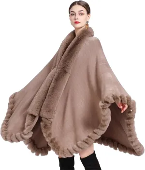 Obosoyo Wrap Cape Women Faux Fur Collar Shawl Knit Poncho Cloak Cardigan Coat Evening Dress