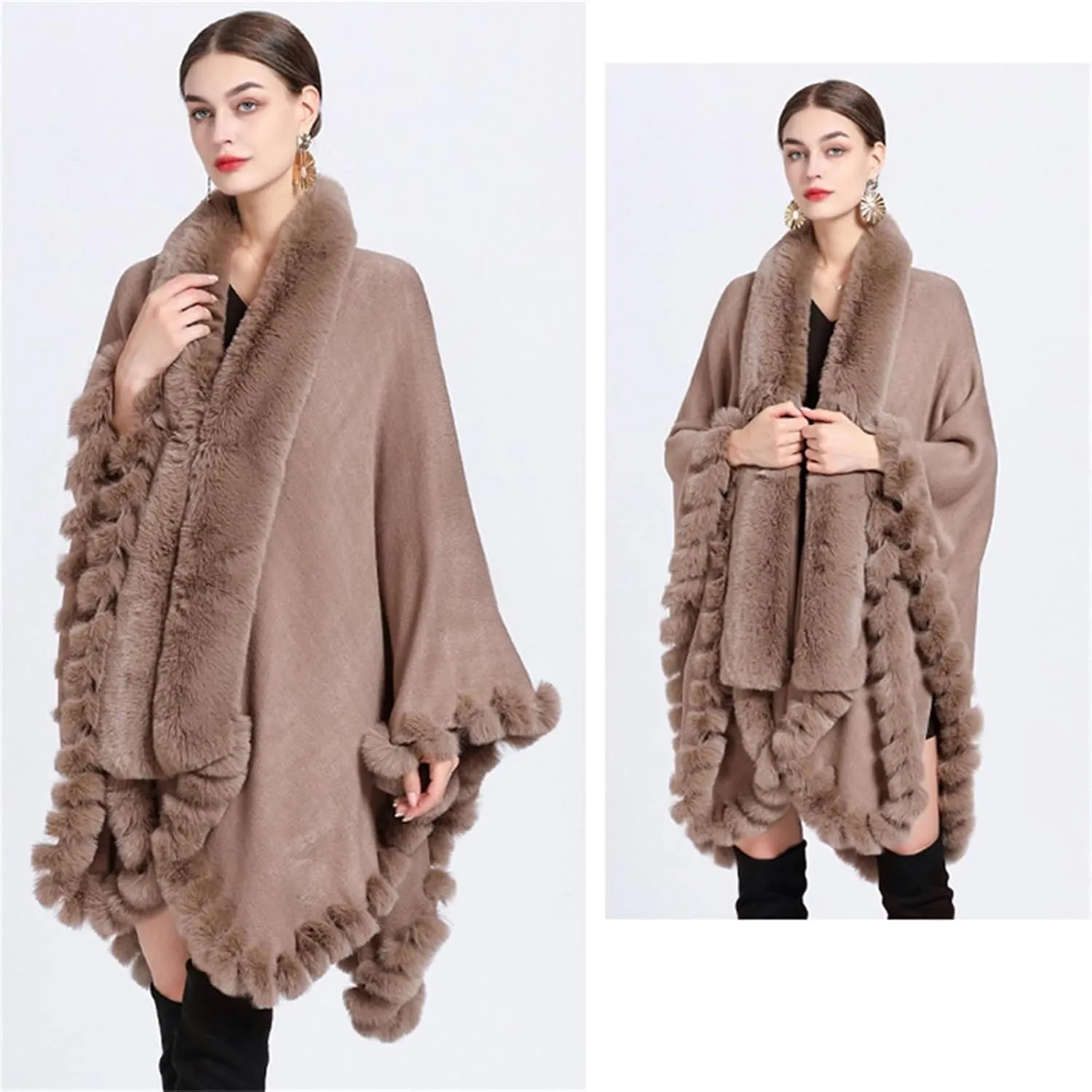 Obosoyo Wrap Cape Women Faux Fur Collar Shawl Knit Poncho Cloak Cardigan Coat Evening Dress