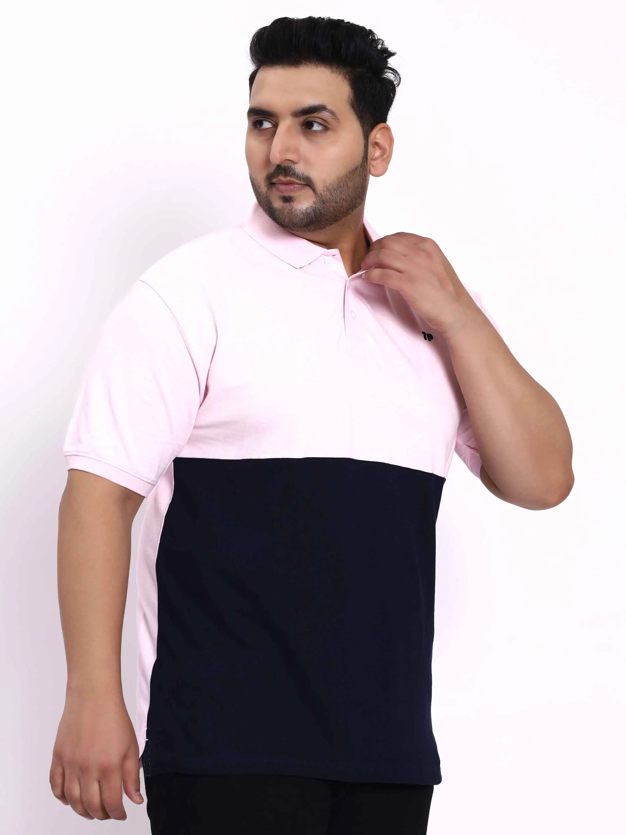 Pink and Navy Striped Plus Size Polo T-shirt