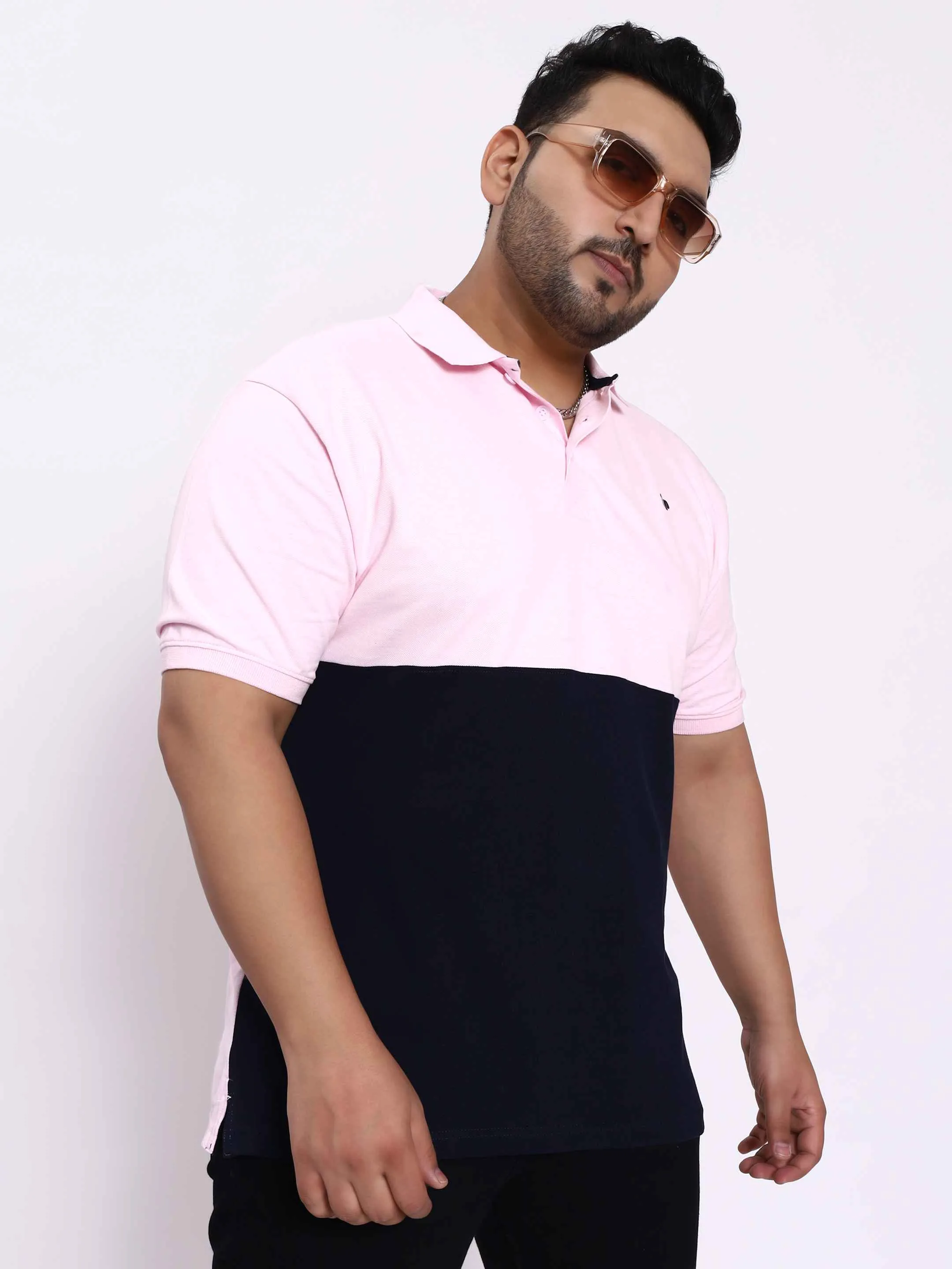 Pink and Navy Striped Plus Size Polo T-shirt