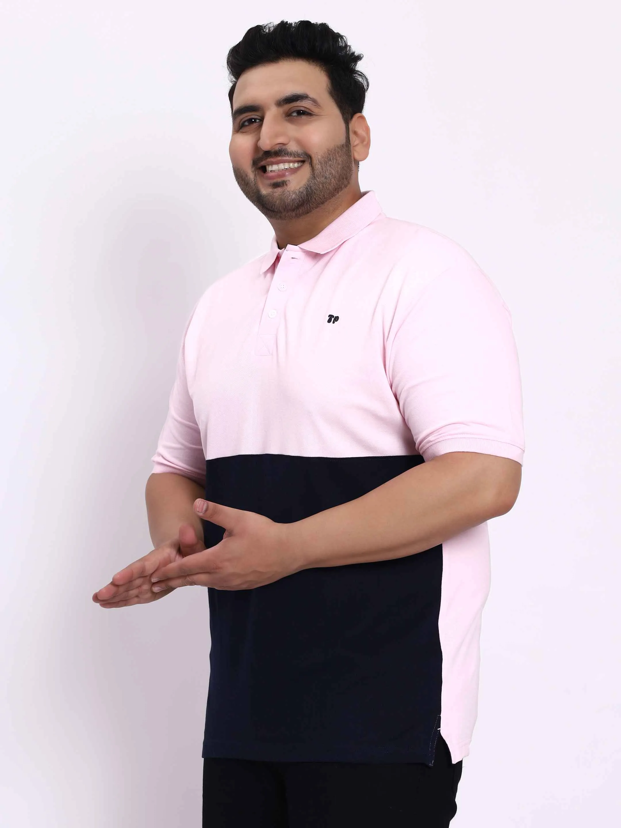 Pink and Navy Striped Plus Size Polo T-shirt