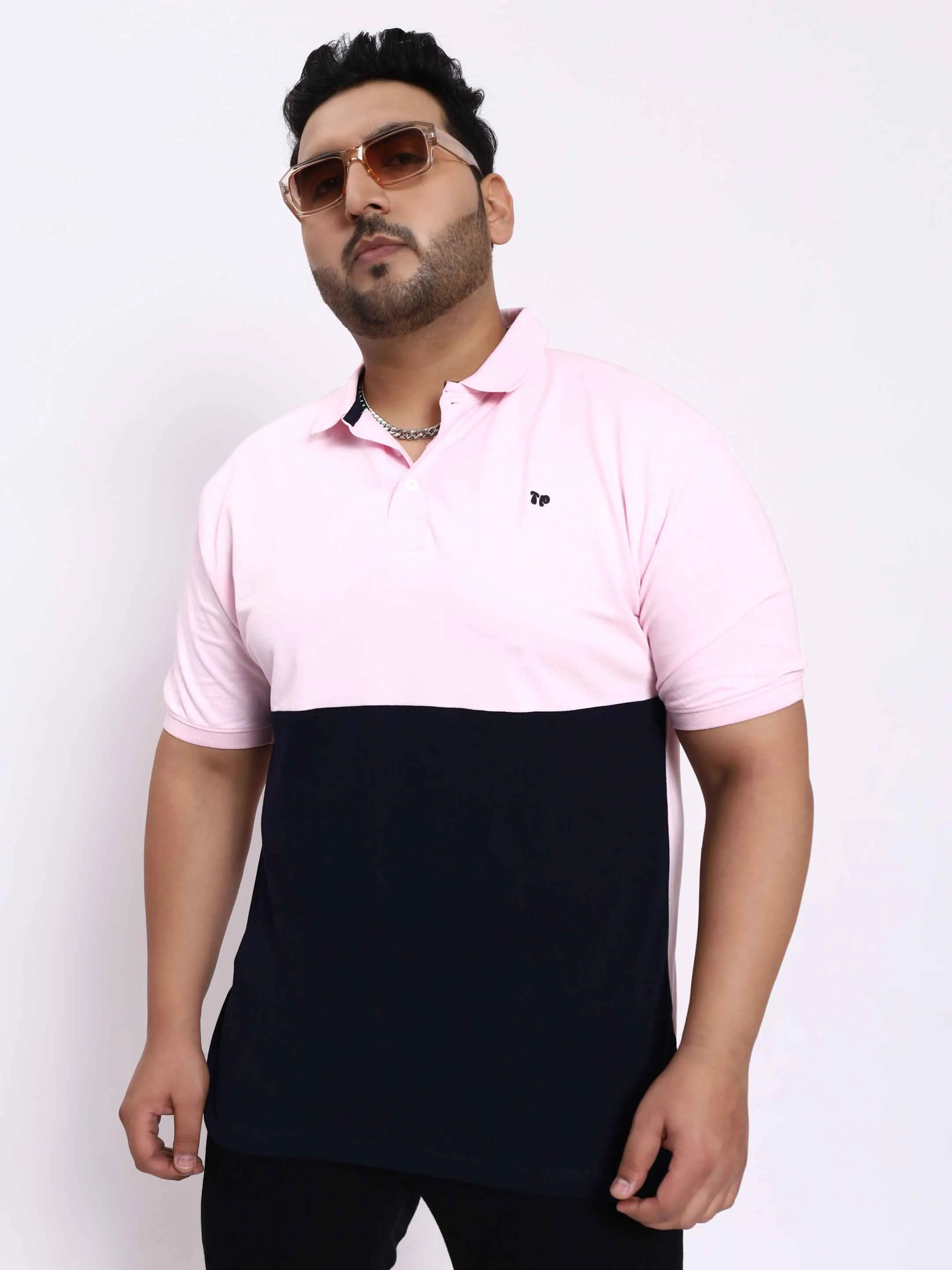 Pink and Navy Striped Plus Size Polo T-shirt
