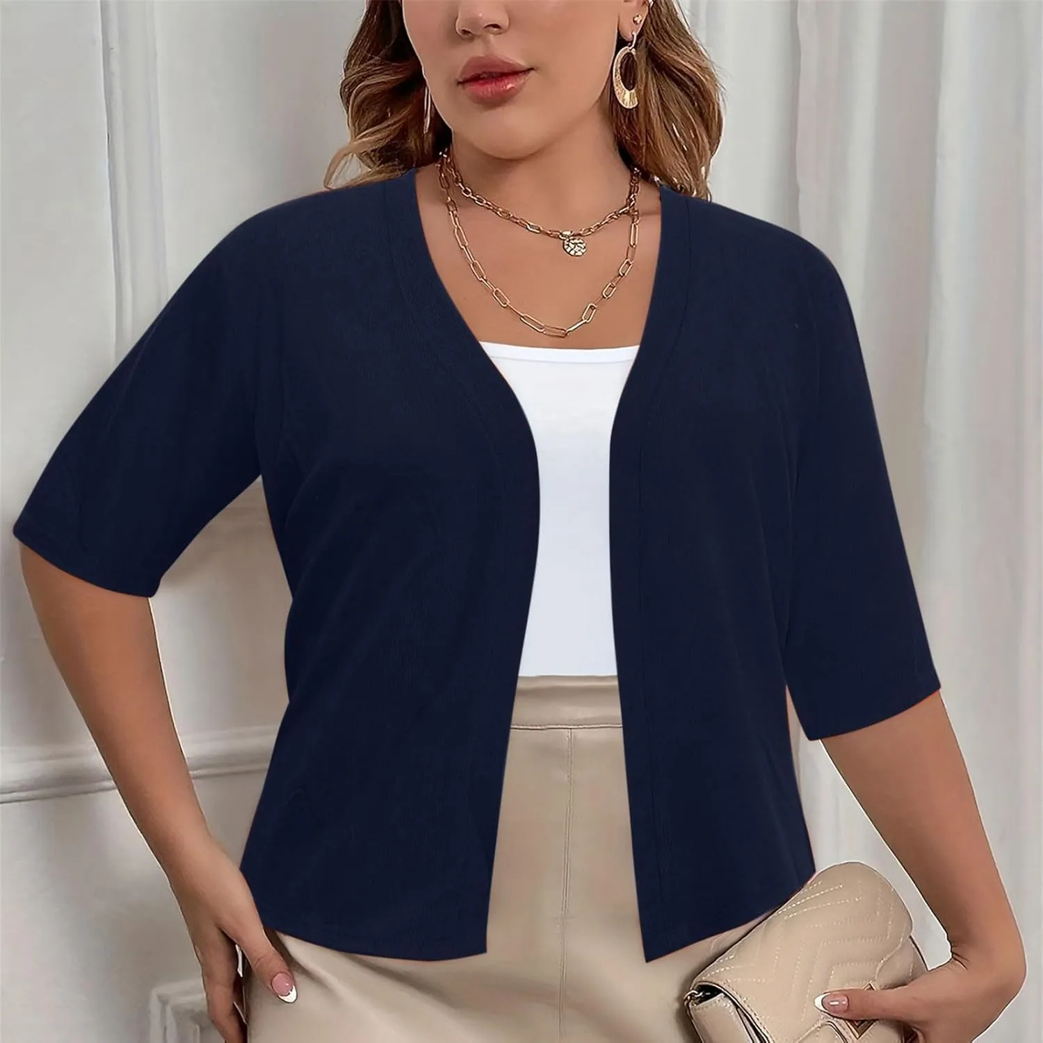 Plus Size Cardigan for Women Open Front Loose Business Casual Bolero Shrugs Short Sleeve Cropped Jacket 2024 Fall