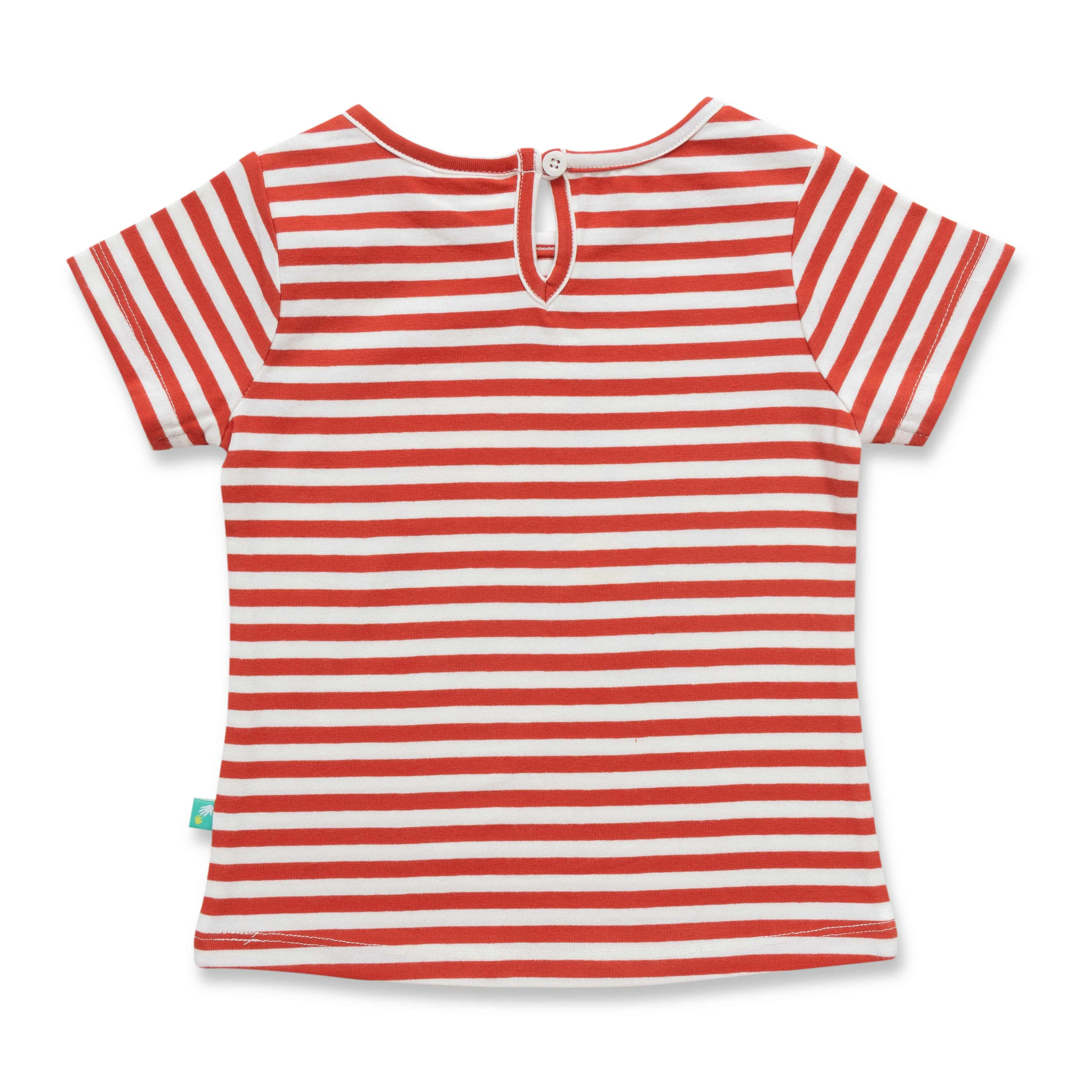 "Girls' Red & White Striped T-Shirt with Floral Print & Keyhole Back"