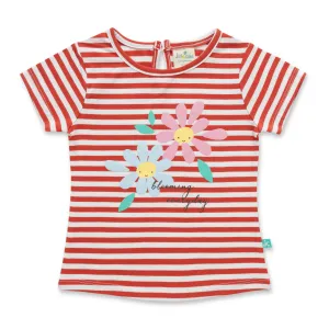 "Girls' Red & White Striped T-Shirt with Floral Print & Keyhole Back"
