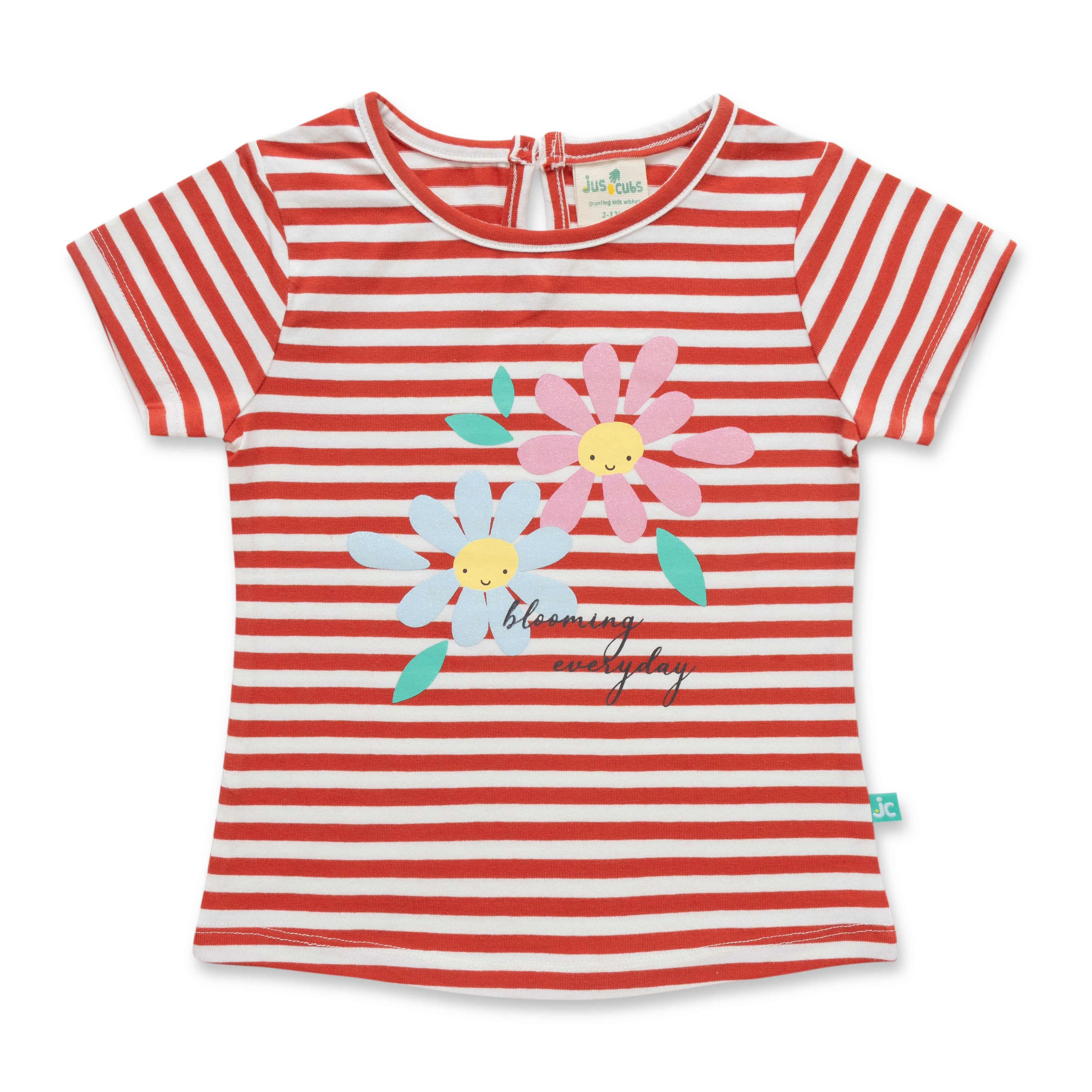 "Girls' Red & White Striped T-Shirt with Floral Print & Keyhole Back"