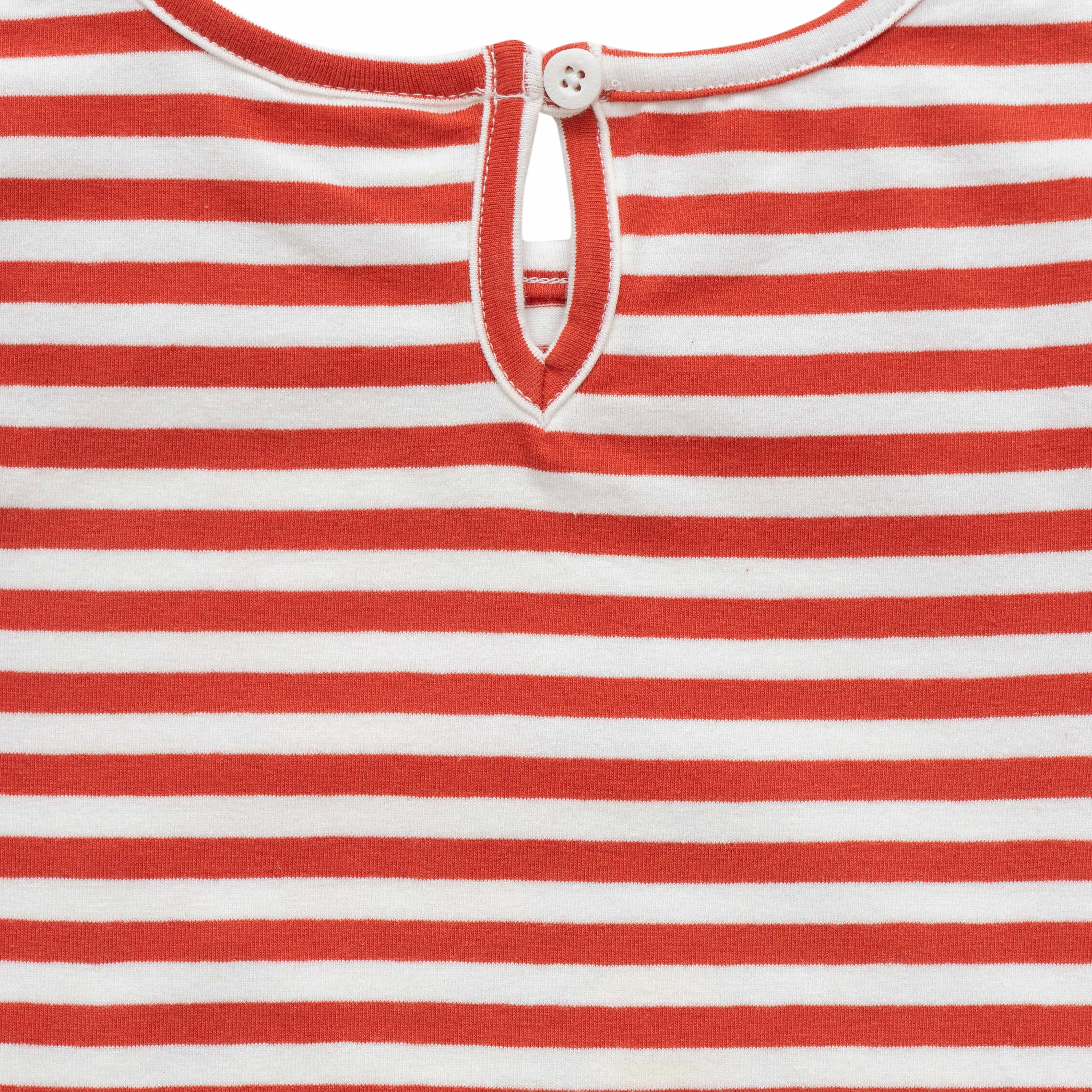 "Girls' Red & White Striped T-Shirt with Floral Print & Keyhole Back"