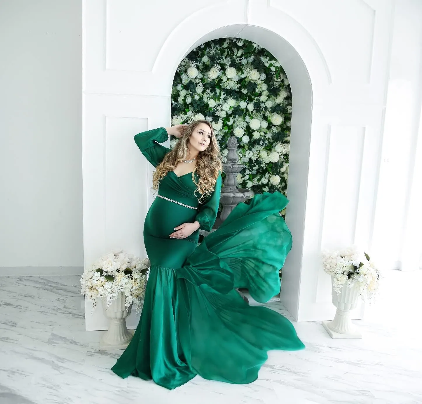 Saslax Long Chiffon Sleeve Tired Mermaid Maternity Dress for Photoshoot Photography Baby Shower