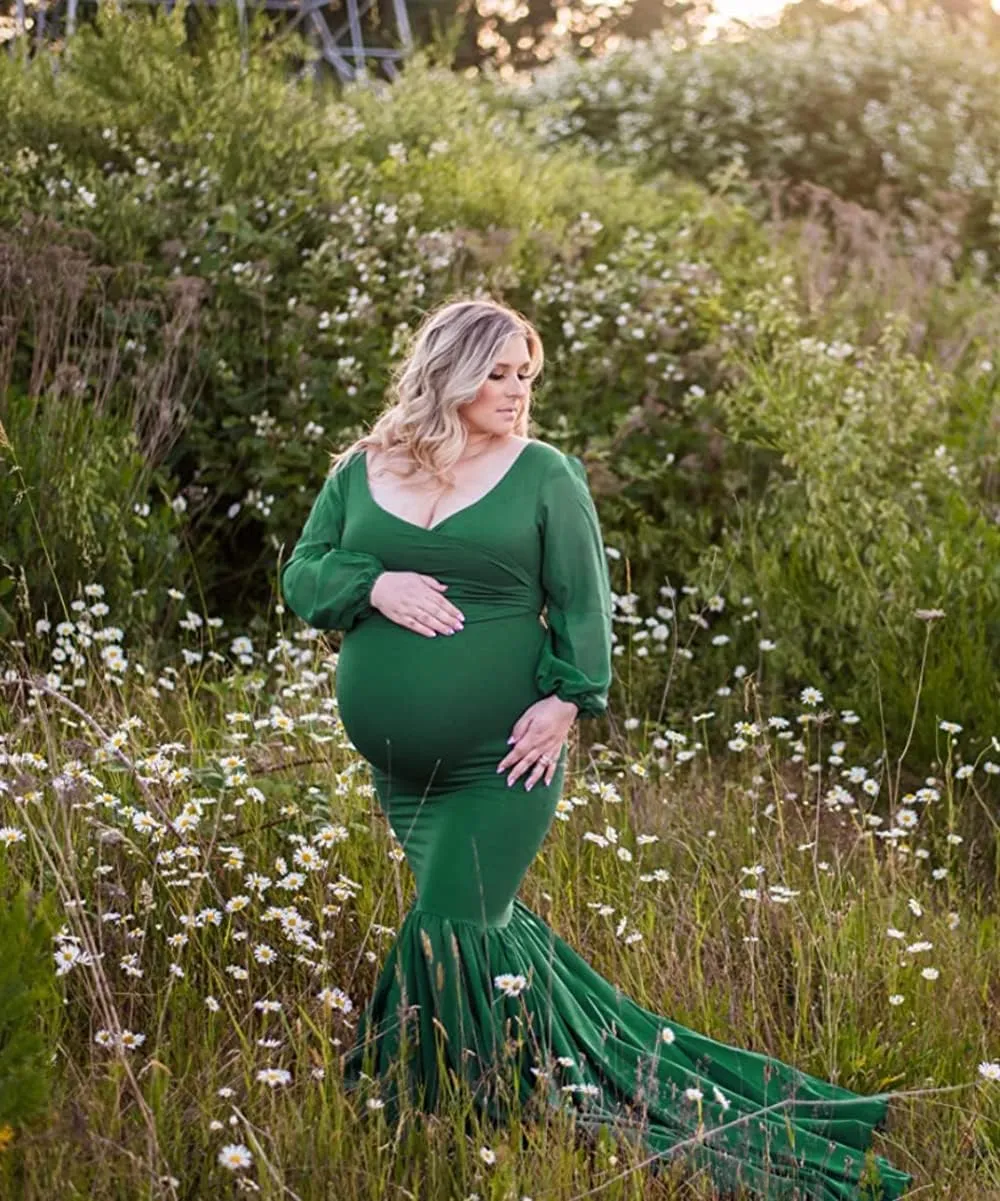 Saslax Long Chiffon Sleeve Tired Mermaid Maternity Dress for Photoshoot Photography Baby Shower