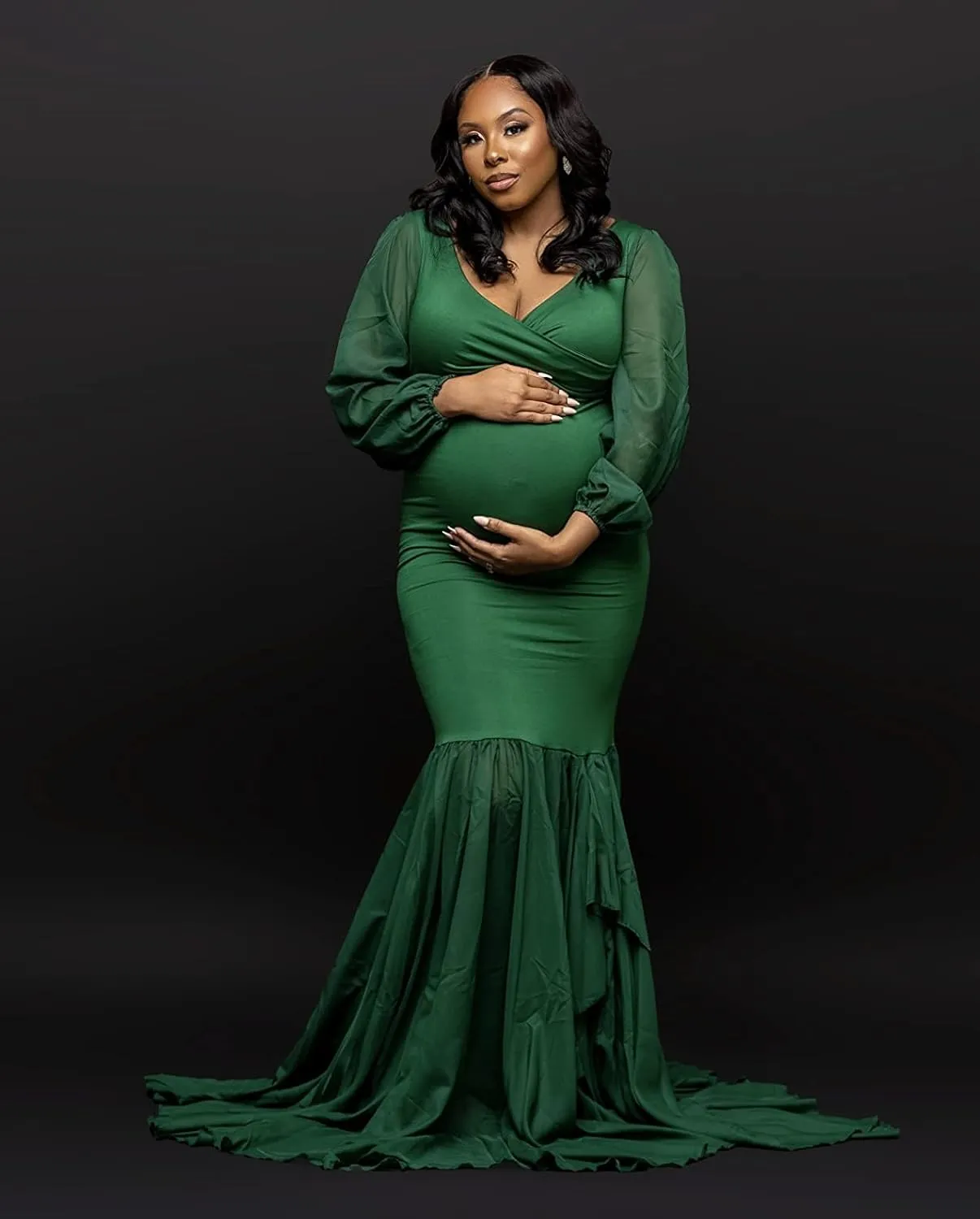 Saslax Long Chiffon Sleeve Tired Mermaid Maternity Dress for Photoshoot Photography Baby Shower