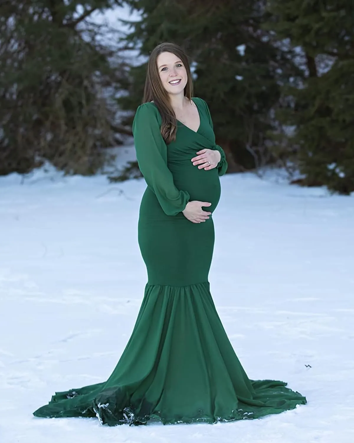 Saslax Long Chiffon Sleeve Tired Mermaid Maternity Dress for Photoshoot Photography Baby Shower
