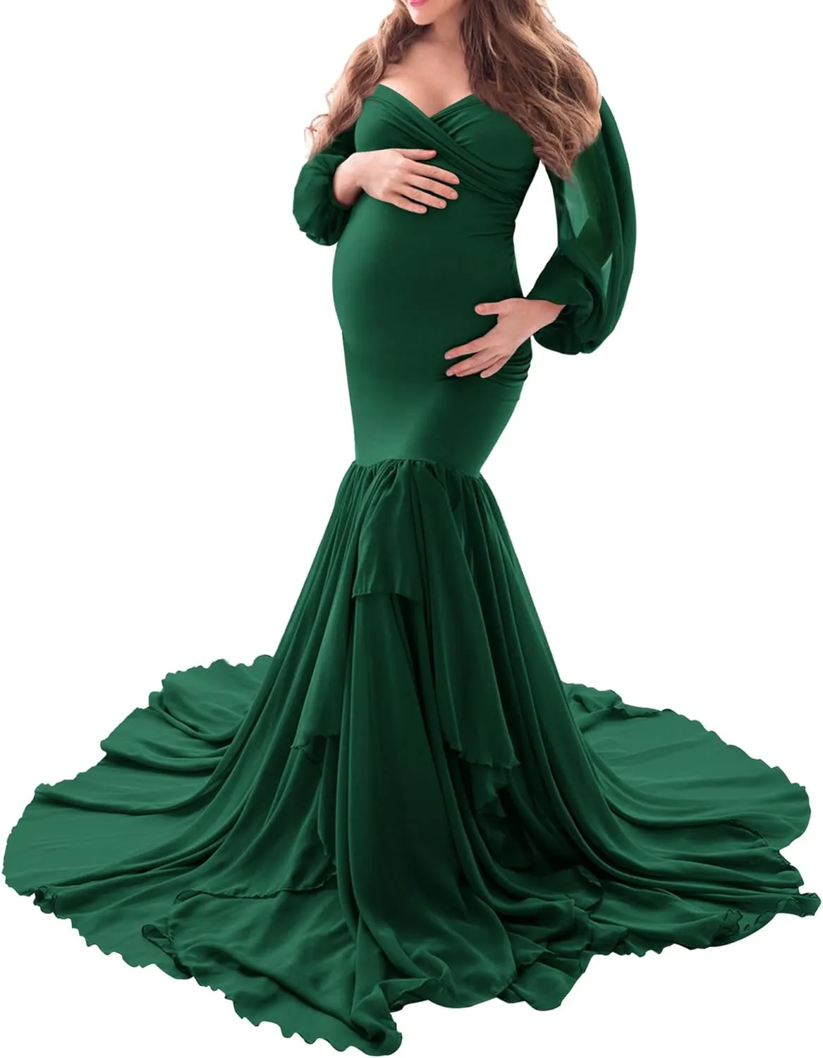 Saslax Long Chiffon Sleeve Tired Mermaid Maternity Dress for Photoshoot Photography Baby Shower