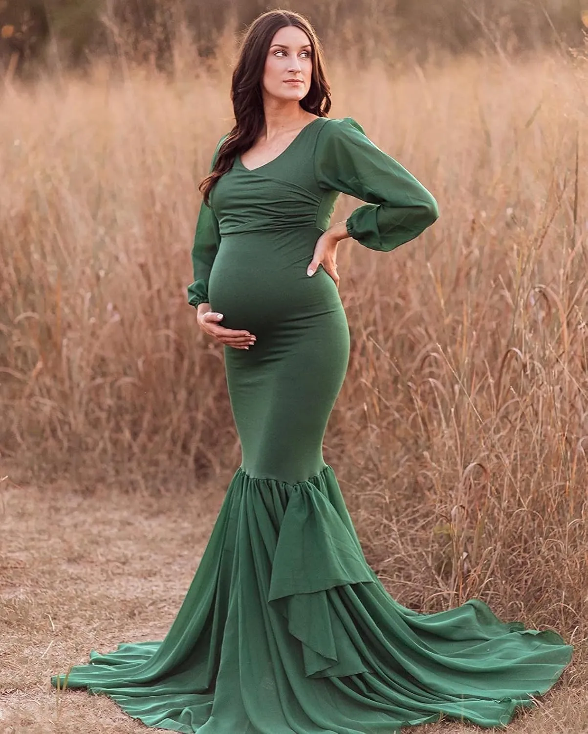 Saslax Long Chiffon Sleeve Tired Mermaid Maternity Dress for Photoshoot Photography Baby Shower