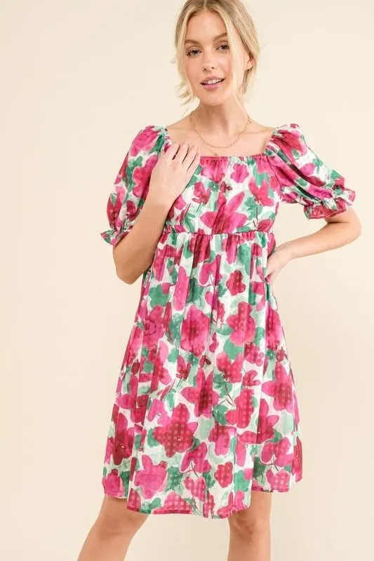 Smocked Floral Ruffle Short Sleeve Mini Dress