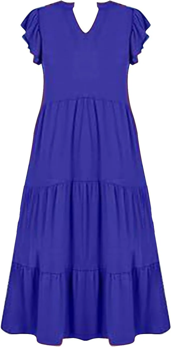 Summer Dresses for Women 2025 A-Line Ruffle Sleeve V-Neck Layered Midi Dress Flowy Casual Dresses
