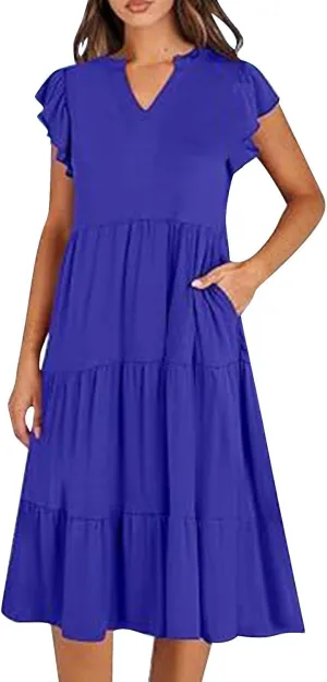 Summer Dresses for Women 2025 A-Line Ruffle Sleeve V-Neck Layered Midi Dress Flowy Casual Dresses