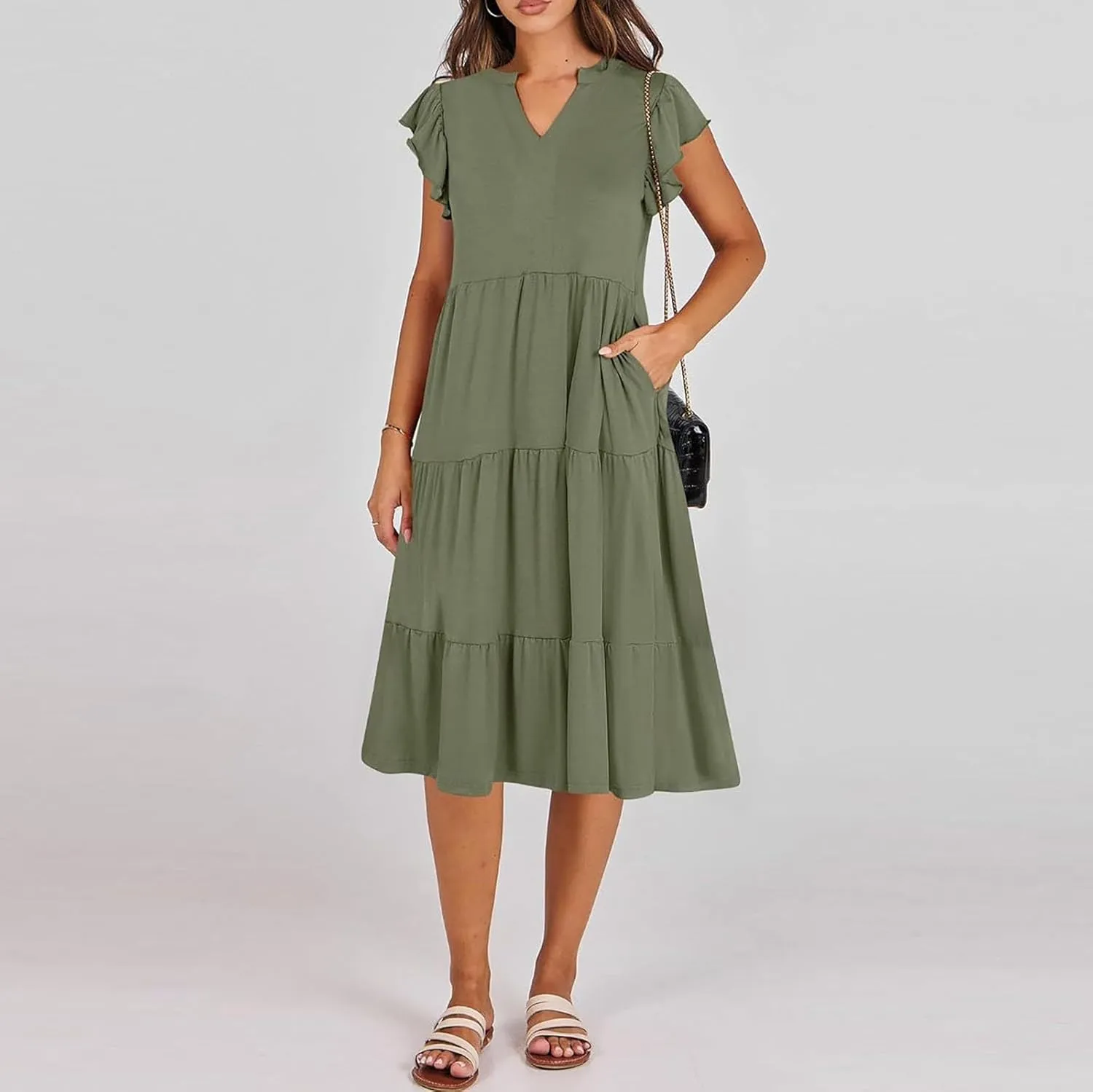 Summer Dresses for Women 2025 A-Line Ruffle Sleeve V-Neck Layered Midi Dress Flowy Casual Dresses