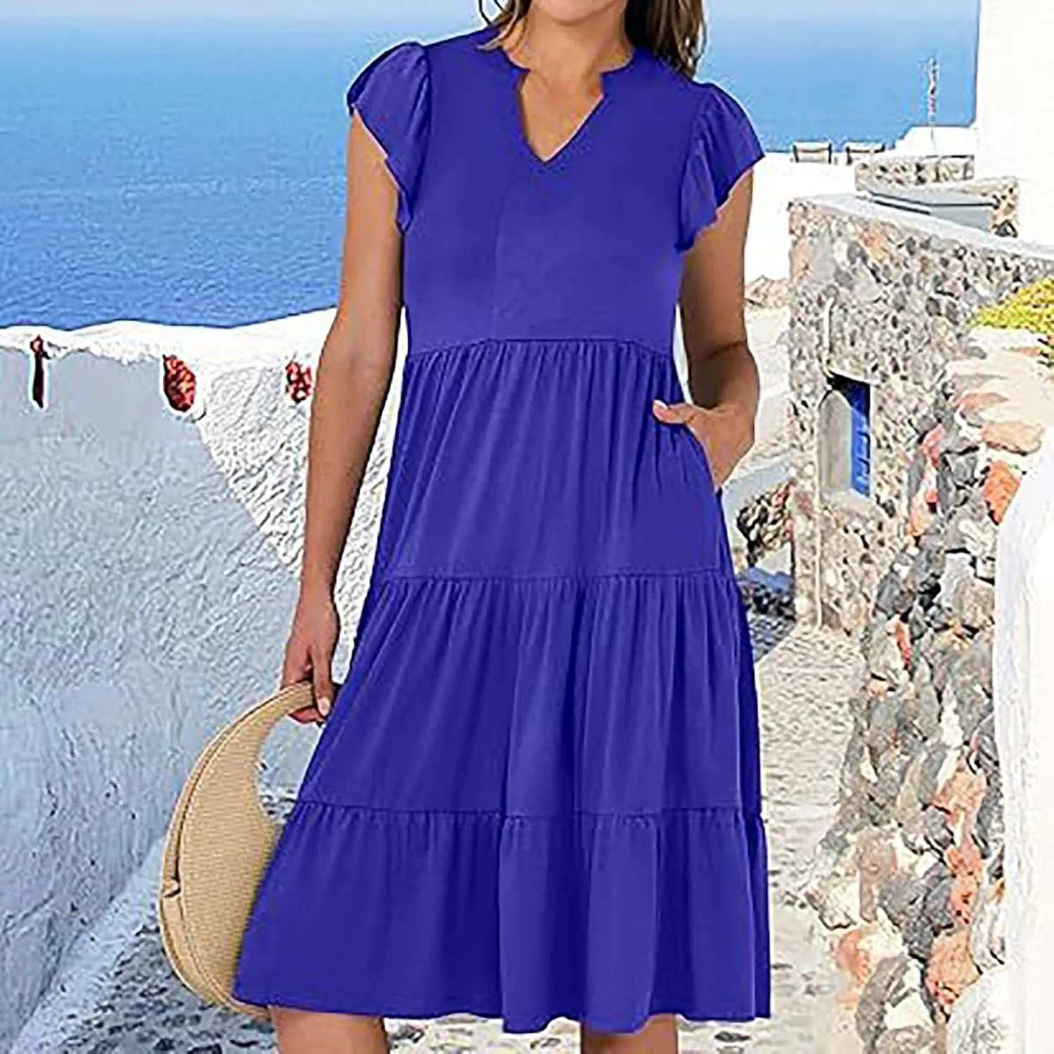 Summer Dresses for Women 2025 A-Line Ruffle Sleeve V-Neck Layered Midi Dress Flowy Casual Dresses