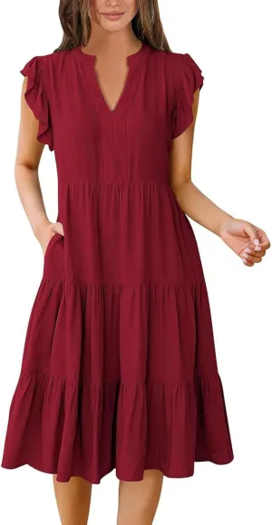 Summer Dresses for Women 2025 A-Line Ruffle Sleeve V-Neck Layered Midi Dress Flowy Casual Dresses