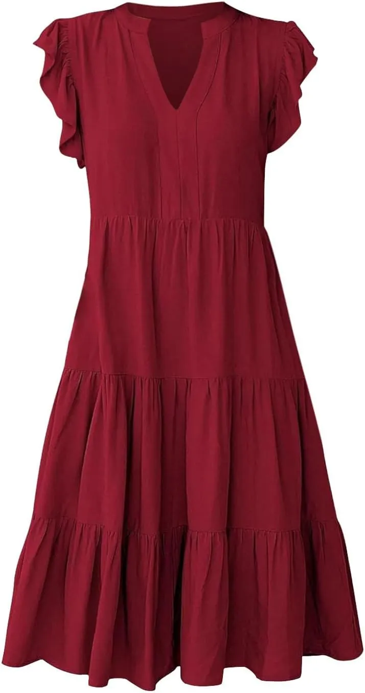 Summer Dresses for Women 2025 A-Line Ruffle Sleeve V-Neck Layered Midi Dress Flowy Casual Dresses