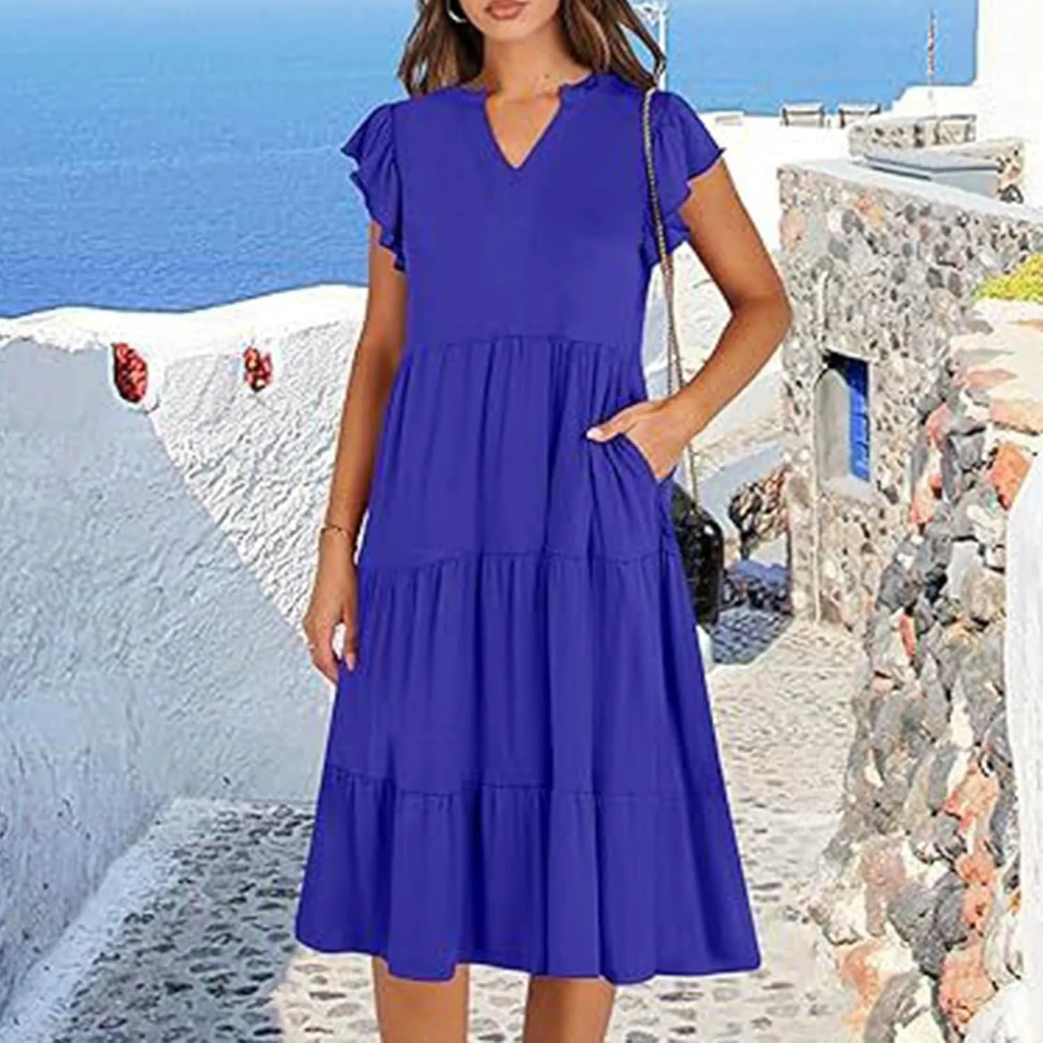 Summer Dresses for Women 2025 A-Line Ruffle Sleeve V-Neck Layered Midi Dress Flowy Casual Dresses