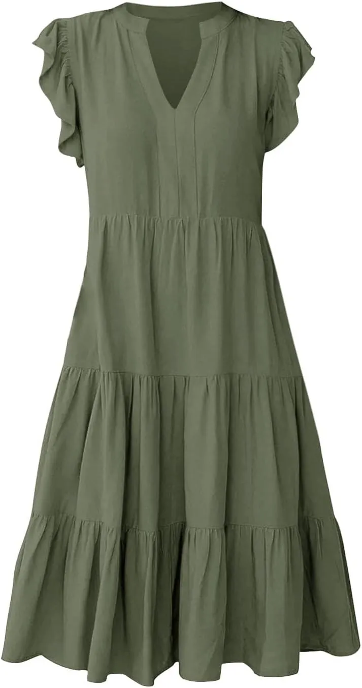 Summer Dresses for Women 2025 A-Line Ruffle Sleeve V-Neck Layered Midi Dress Flowy Casual Dresses