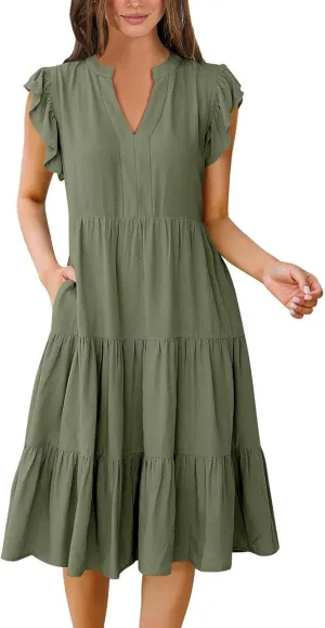 Summer Dresses for Women 2025 A-Line Ruffle Sleeve V-Neck Layered Midi Dress Flowy Casual Dresses