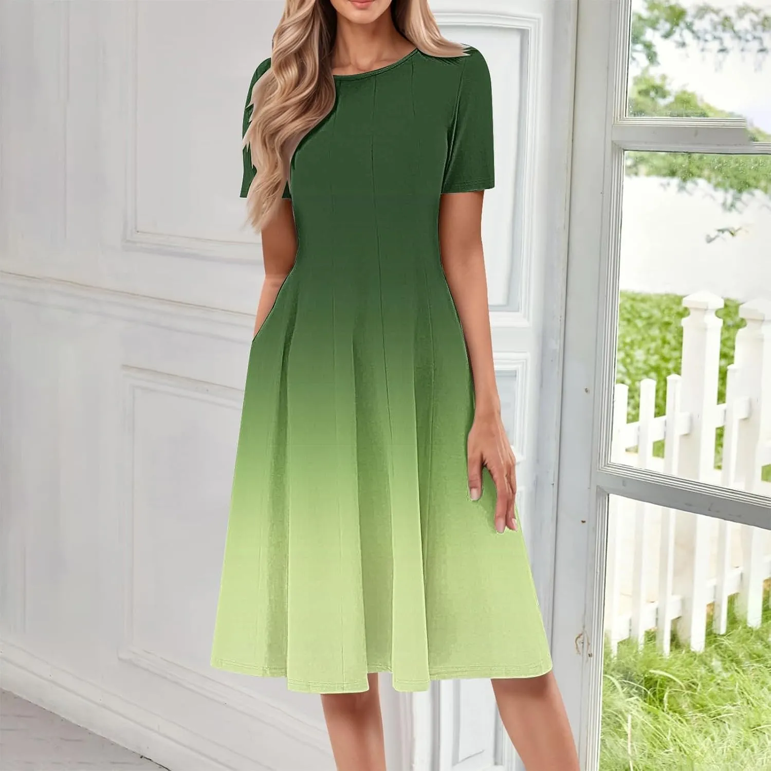 Summer Dresses for Women 2025 Boho Floral Midi Short Sleeve Crewneck Dresses Elegant Side Pocket Pleated Dress