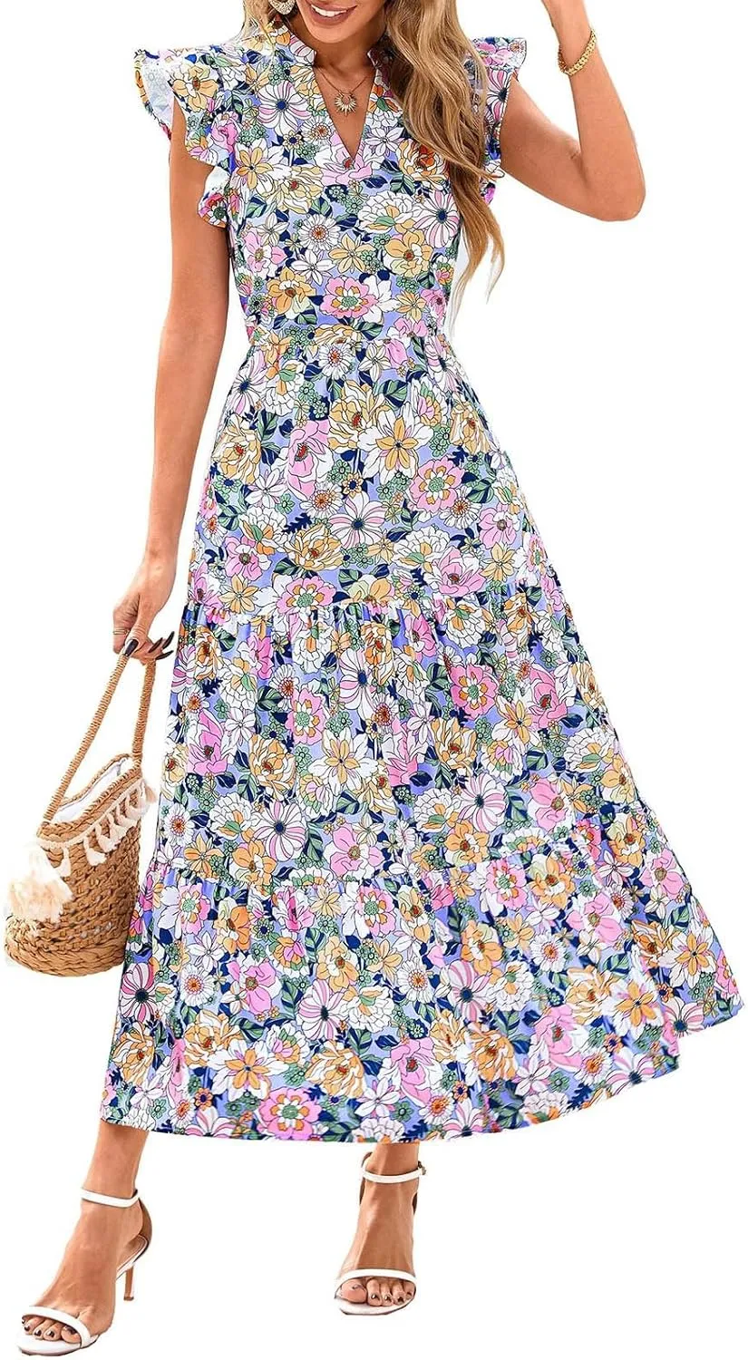 Summer Dresses for Women 2025 Cap Sleeve V Neck Ruffle Hem Swing Flowy Floral Maxi Dress Casual Beach Vacation Dresses