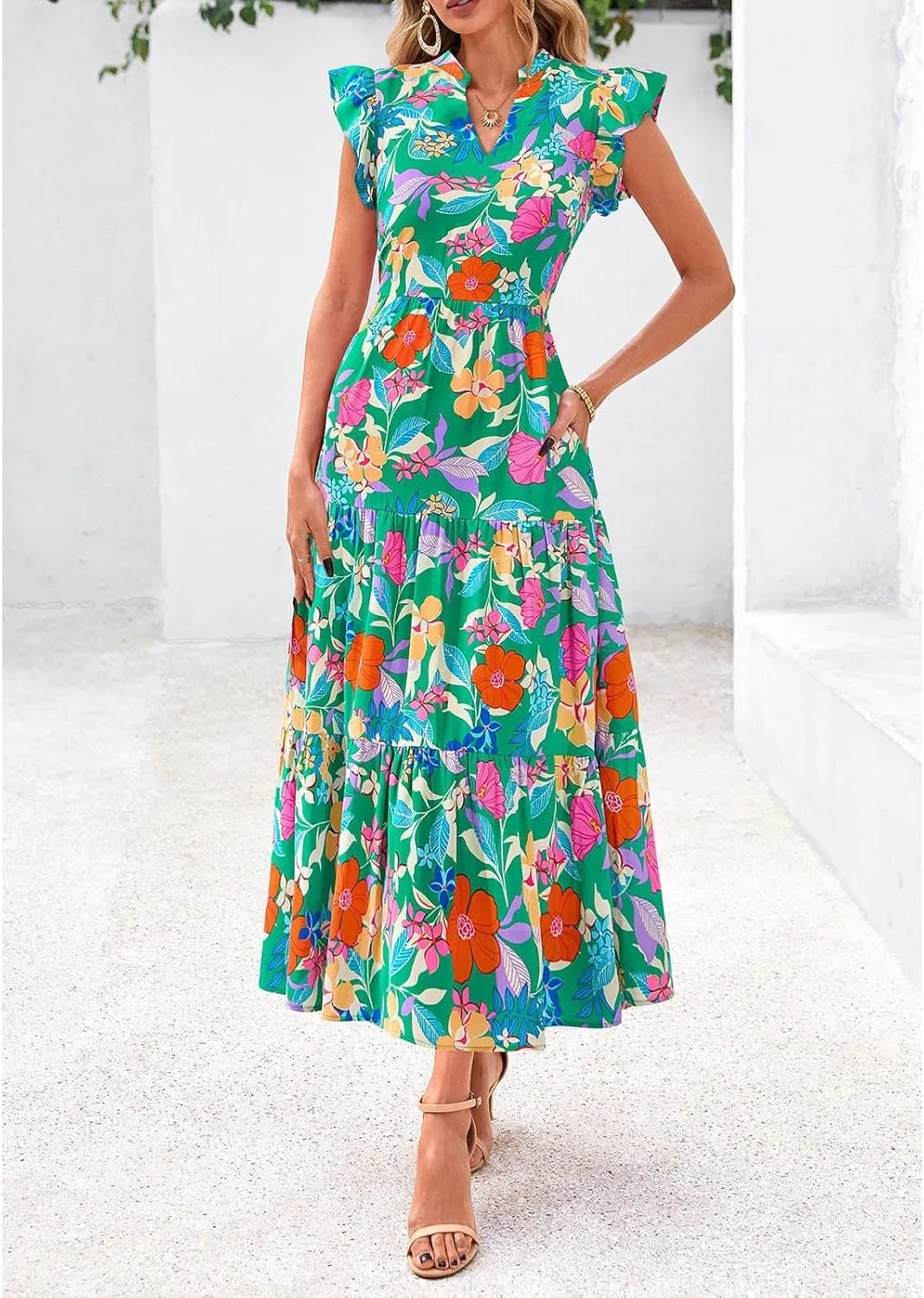 Summer Dresses for Women 2025 Cap Sleeve V Neck Ruffle Hem Swing Flowy Floral Maxi Dress Casual Beach Vacation Dresses