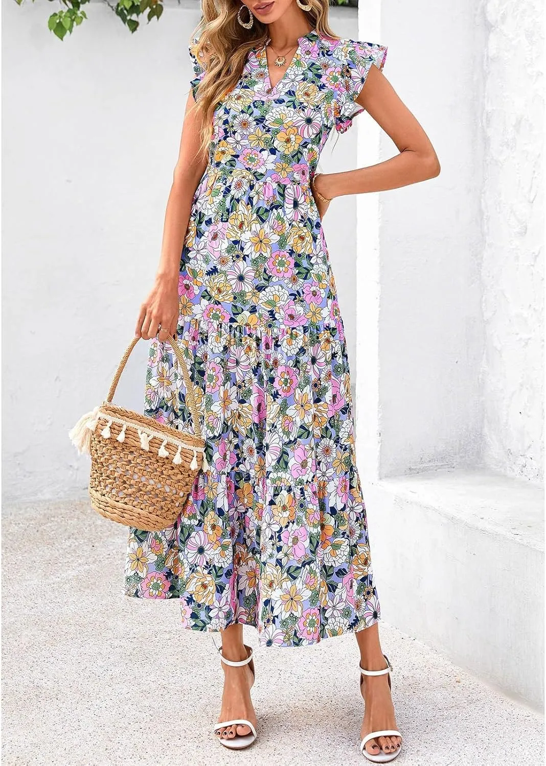 Summer Dresses for Women 2025 Cap Sleeve V Neck Ruffle Hem Swing Flowy Floral Maxi Dress Casual Beach Vacation Dresses