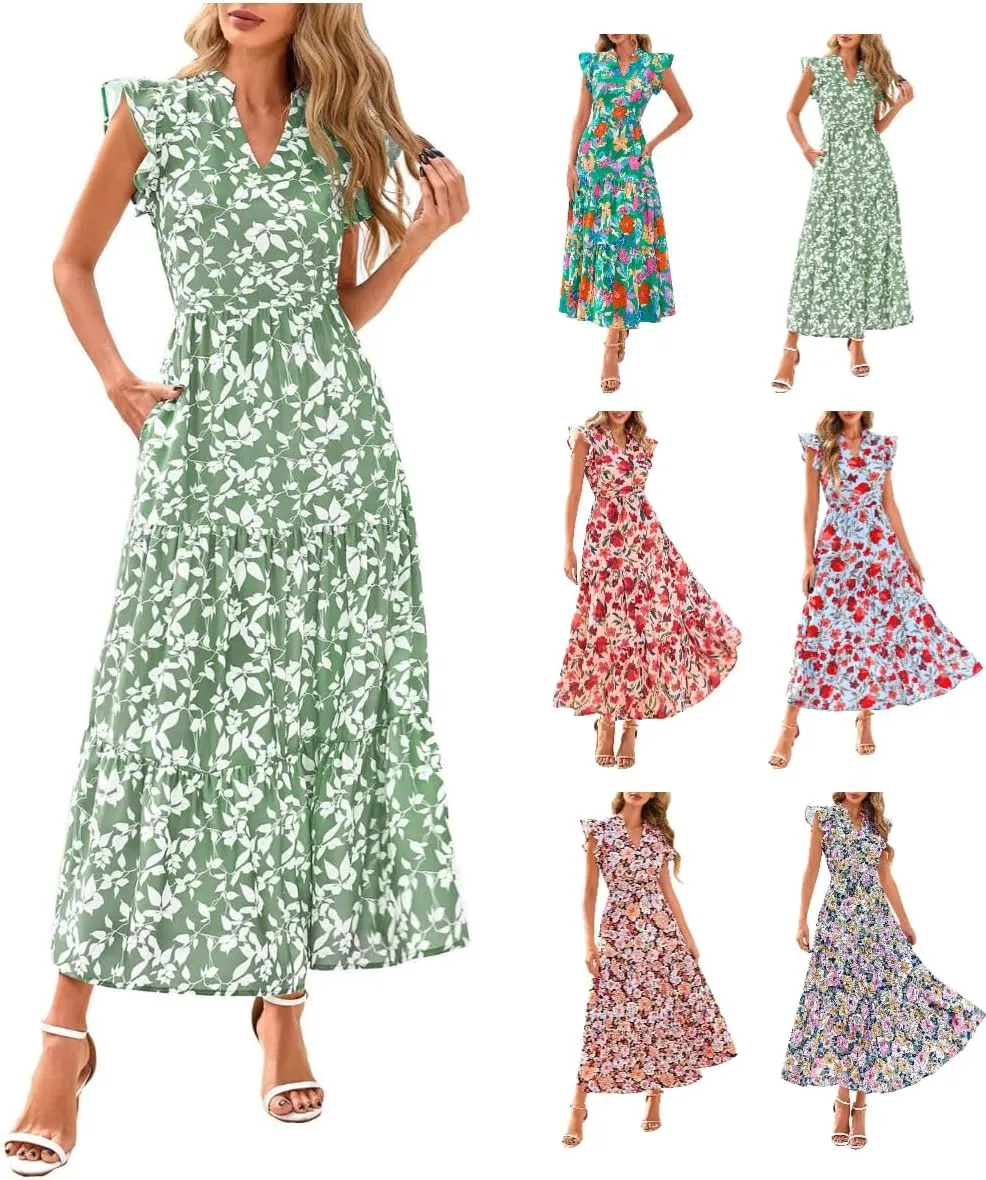 Summer Dresses for Women 2025 Cap Sleeve V Neck Ruffle Hem Swing Flowy Floral Maxi Dress Casual Beach Vacation Dresses